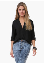 2016 Summer New Fashion Sexy Deep V-Neck Long-Sleeved Chiffon Shirt Casual Tops Blouse for Women