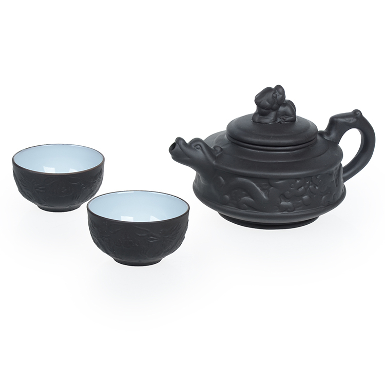 Chinese Dragon Kung Fu Tea Sets Yixing Purple Clay Teapot Black Teacup 3 Pcs Set Tea