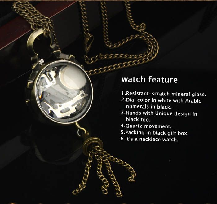 Retro Vintage Bronze Quartz Ball Glass Pocket Watch Necklace Chain Steampunk
