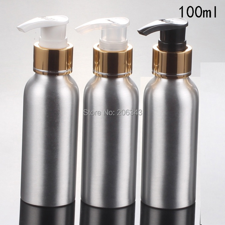 100pcs 100ml Aluminium bottle metal bottle with  gold  collar  white/transparent/black press pump