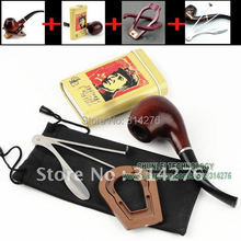 Free Shipping ! 3-in-1 Classic Wooden Cigar Cigarette Smoking Pipe + Cool Tobacco Case Box Tin + Tobacco Pipe Cleaning Tool