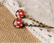 HOT! Scottish Tartan red cross printed Cabochon glass tiles hairpins for girls Mediterranean Style Bronze Hair Clips handmade
