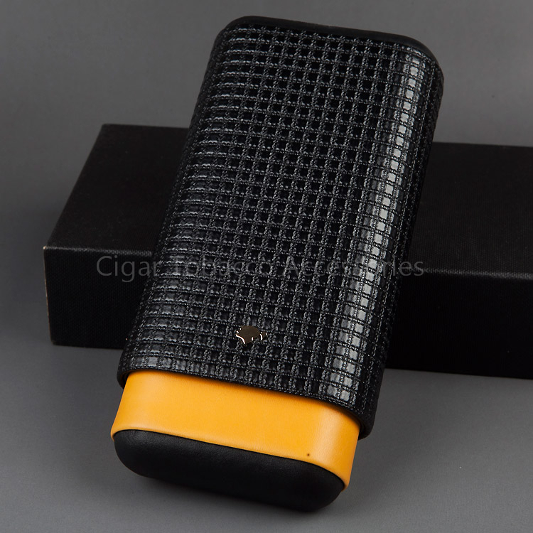 COHIBA Classical Gadgets Black Gird Pattern Embossed Leather Cigar Case Hoder 3 Tube Mini Outdoor Humidor W/ Gfit Box
