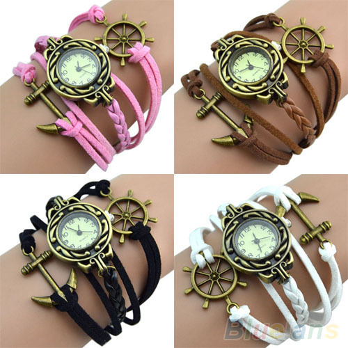 Retro Rudder Anchor Charm Leather Band Quartz Wrist Watch 2DXE
