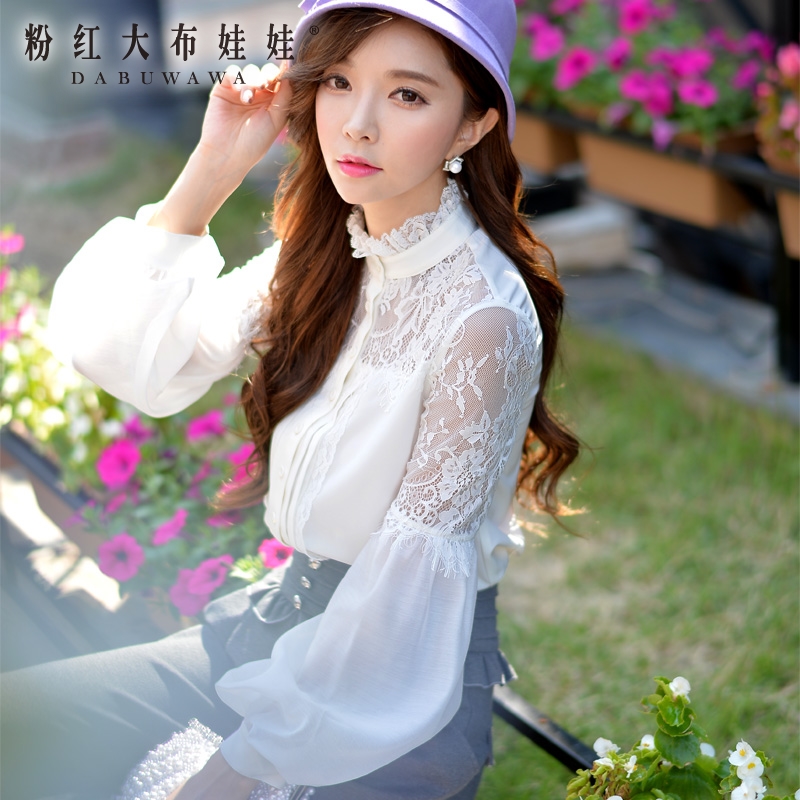The white shirt female Korean fan Pink Doll 2015 Hitz lace blouse with long sleeves shirt collar fight