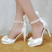 Woman Shoes EP11074-PF White Ivory Pumps Almond Toe Bow High Heel Satin Platform Wedding Shoes
