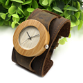 Fashion Leisure Unisex Bamboo Watch Wide Leather Strap Japan Quartz Movement 2035 Watches As Gift For