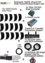 Solarparts off-grid Solar System KITS 1500W flexible solar panel 1x 120A controller 3KW inverter,2 sets 4 in1 MC4 adaptor cable