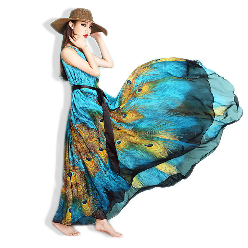 M 9XL 2016 New High Quality National Wind Bohemian Print Chiffon Dresses Peacocks Plus Size Beach