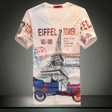 M-3XL luxury plus size t shirt men summer retro 3d printed Eiffel Tower casual deep v neck slim big size tee shirts homme 2016