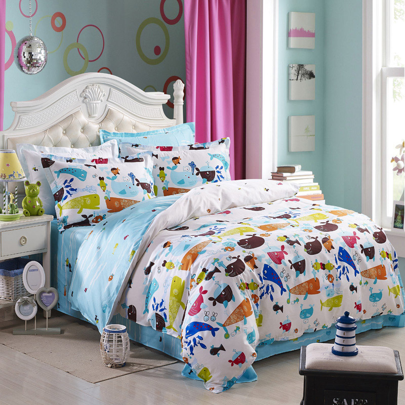 kids four-piece bedlinen 100% Cotton bedclothes twin full queen size aquarium ocean Fishes printed bedding set