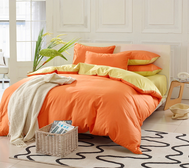 Double Solid Color Pure Bright Yellow/Orange Patchwork Cotton Bedding Set 4pcs Comforters Duvet