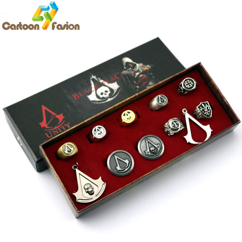 8 style Hot Sale A set of Logo Assassin Creed Figures Cosplay Stainless Steel Necklace Pendant Ring for The Fans in Box