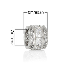 Copper Spacer Beads Cylinder Silver Tone Clear Cubic Zirconia About 11mm x 8mm Hole Approx 7mm