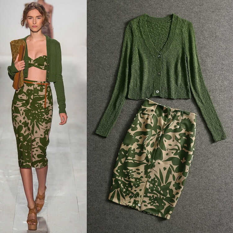 Fall 2014 Green Long Sleeve Sexy Knit Sweater+Printed Slim Skirt  Skirt Suit  140916X01