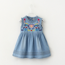 3 –7 Years Children High Quality Embroidery Designs Kids Dresses For Girls Sleeveless Denim Party Girls Dresses Summer 2016