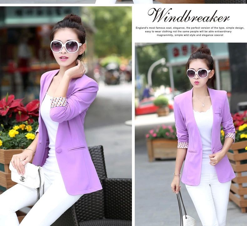 2015 New Women\'s Blue Blazer Summer Office Wear Purple Suit Sexy V-neck Color Patterns Stitching Sleeve Casual Blazer 6 Color 17
