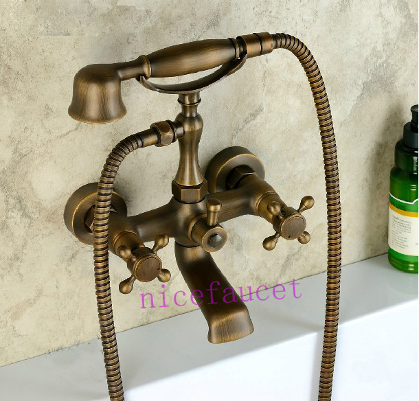 Antique Brass Wall Mount Telephone Euro Bath Tub Faucet Mixer Tap w/ Handheld Spray Shower