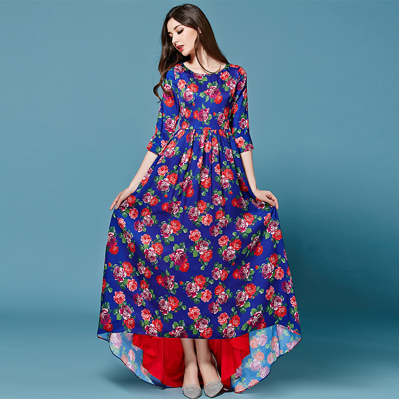2015 European Style Brand Dresses Half -Sleeves Floor -Length Deep Blue  Vintage Flowers Print  Irregular Dovetail Long Dresses