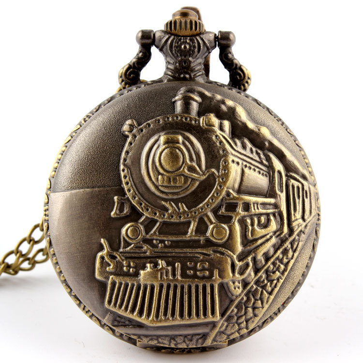 Bronze Train Front Locomotive Engine Necklace Pendant Quartz Pocket Watch P107