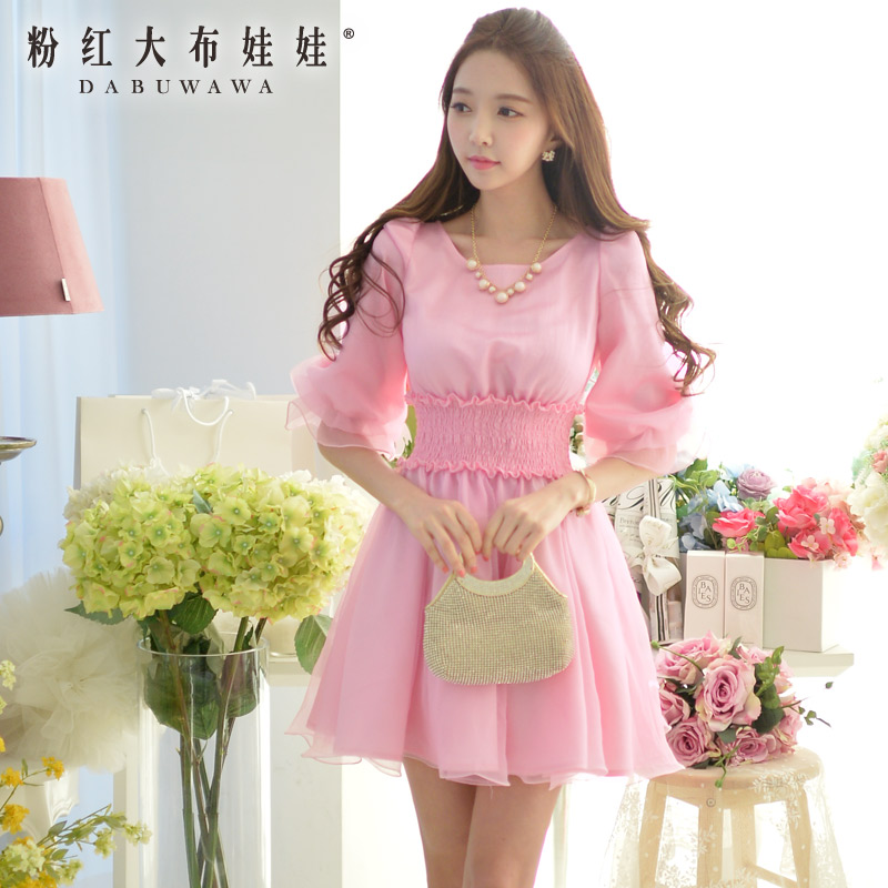 Poly new dress pink doll spring 2015 Female Lady Hubble bubble sleeve placed large dress waist