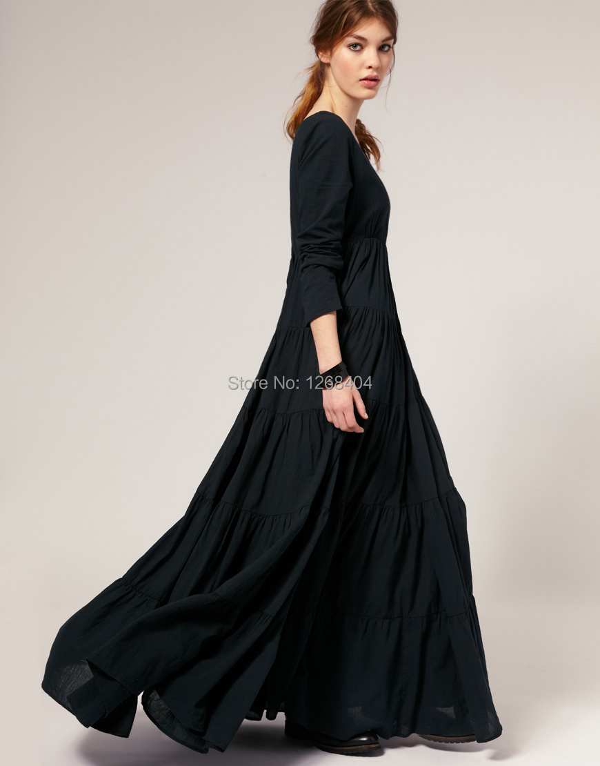 2014 fashion long-sleeve full dress elegant V-neck full dress lady fashion long dresses ankle length floor length dresses