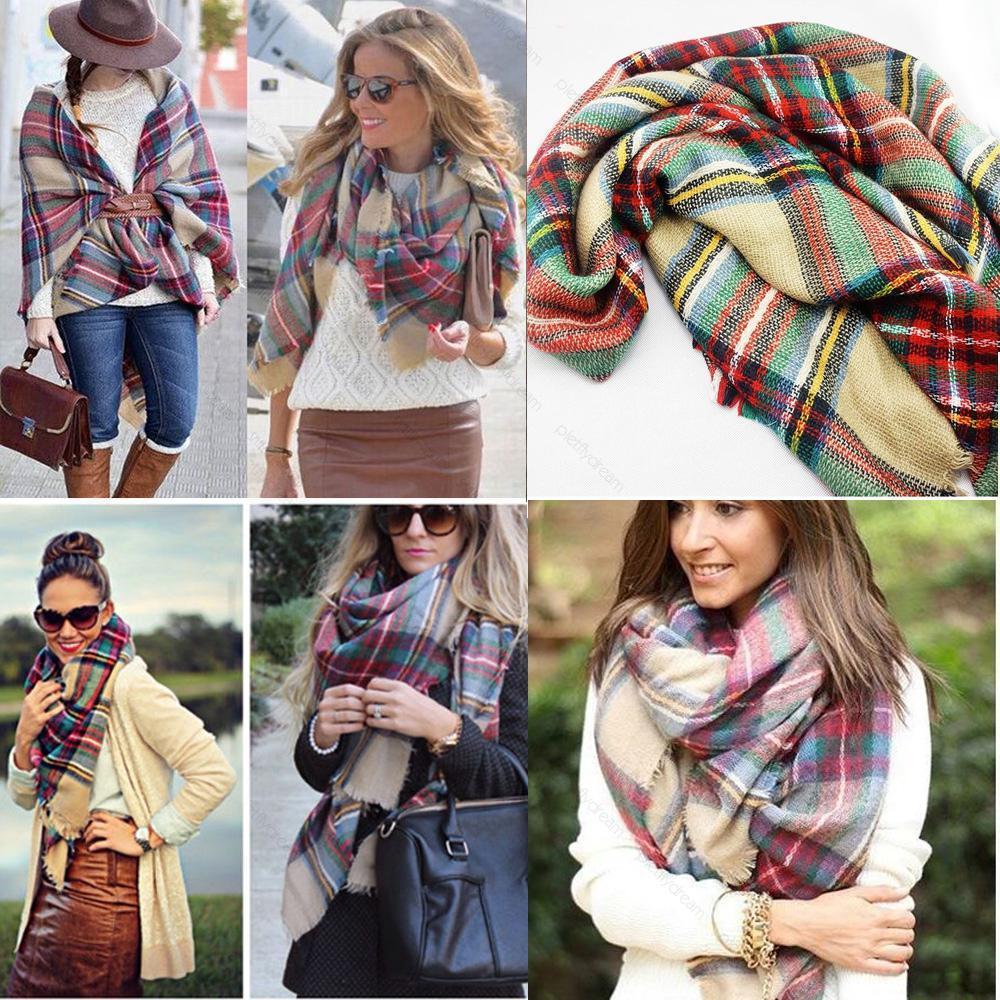 Women Girl Blanket Oversized font b Tartan b font Scarf Wrap Shawl Plaid Cozy Checked Beige