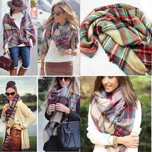 Women Girl Blanket Oversized font b Tartan b font Scarf Wrap Shawl Plaid Cozy Checked Beige