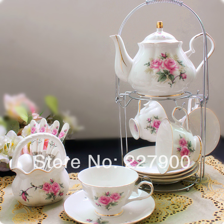 Hand Painted Pink Flower Bone China 15 Piece English Tea Set Tea Service Coffee Cup