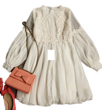 2016 new spring vintage crochet lace o-neck cutout one-piece dress lantern sleeve design sweet mori girl high quality G324