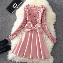 2016 New Fashion Women Bow Dresses Female Vintage Faux Suede Lace Dress Autumn Winter Slim Elegant Patry Dress Vestidos ZJ384