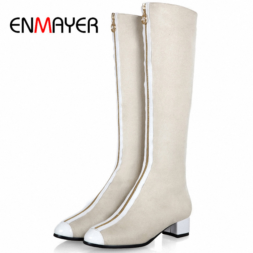 Фотография ENMAYER High Quality Autumn Winter Boots Round Toe Stretch Fabric Stovepipe Knee-High Motorcycle Boots for Women Warm Snow Boots