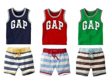 2015 summer style new gaps kids clothes sets baby boys girls clothing, cotton vest + striped shorts suit, Children sports suits