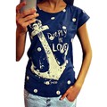 New Woman Short Sleeve Loose Blouse Crew Neck Female Pullover Ladies Anchor Pattern