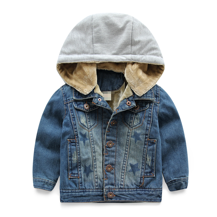 Male child thickening denim outerwear autumn and winter child plus velvet jacket with a hood 2015 children's clothing baby 100%