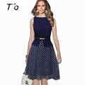 T O Summer Polka Dot Flare A Line Sleeveless Belted Chiffon Patchwork Tunic Elegant Work Office