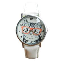 Newly Design Cute Wearing Glasses Cat Watch Fashion PU Leather Quartz Wrist Watches Sep17