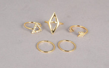 Hot Sale 2015 Vintage Punk14K Gold Silver Plated Crystal Geometric Triangle Mid Finger Rings 5pcs Set
