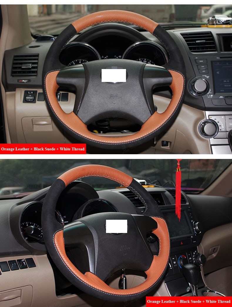 for Toyota Highlander Camry Orange Leather Black Suede Steering Wheel Cover White Thread