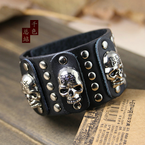 bracelets bangles Black Men Cool Punk Skull Metal Studs Rock Genuine Cow Leather Bracelets Bracelet