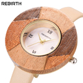 REBIRTH Ladies Leather Thin Strap Watch Luxury Wooden Watches Women Fashion Casual Quartz Dress Wristwatch Female