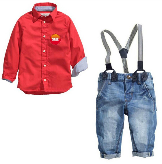 SZ077 fashion children's clothing sets Boy's clothing set baby suit sets Kids cotton long-sleeve red shirt+spaghetti strap+jeans