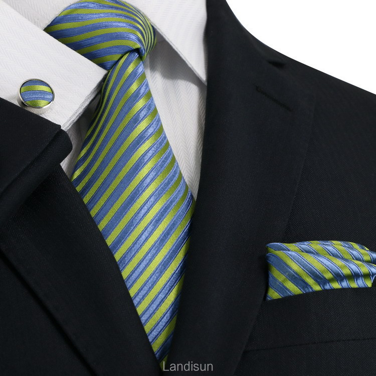 Landisun 44C Bright Blue Green Stripes Mens Silk Neck Tie Set: Tie+Hanky+Cuff