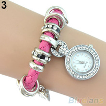 Women s Rhinestone Heart Charm Wrist Watch Faux Leather Braided Strap Bracelet