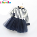 Keelorn Girls Lace Dress 2017 Spring Autumn Brand Kids clothing Long Sleeve Striped Mesh Design Dress