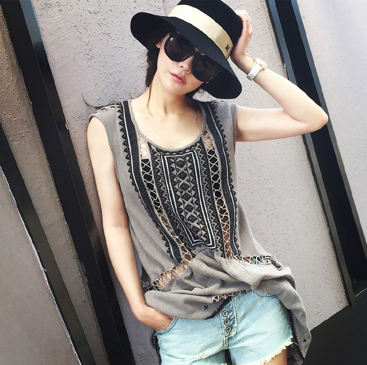2015 Hot style Summer beach Casual Vintage Ethnic Hand beading Embroidery Hollow out Cotton Linen Long