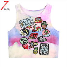 2016 summer women cotton comfortable harajuku cartoon gradient color print crop top short slim stretchy cute tank top