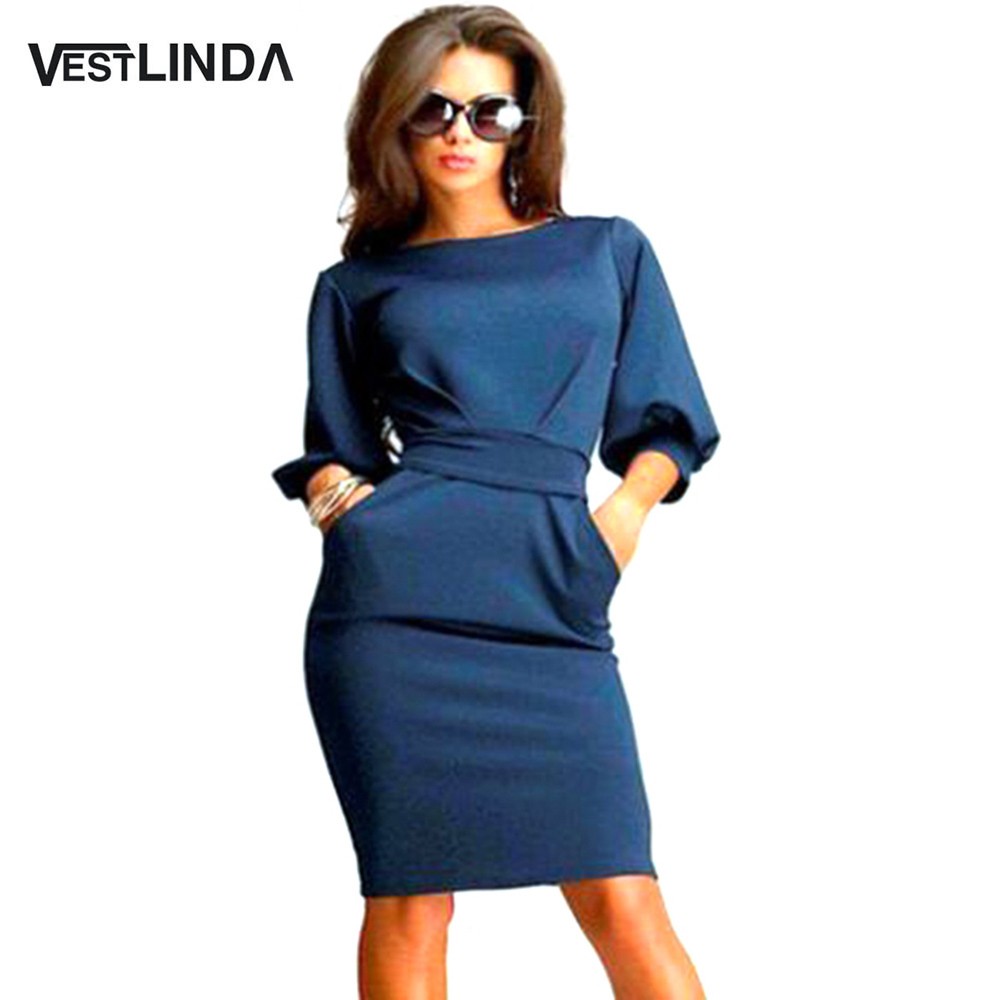 VESTLINDA Bodycon Dress Summer Sundresses Women O Neck Lentern Sleeve Sashes Brief Solid Knee Length Midi Dress Vestido De Festa 1