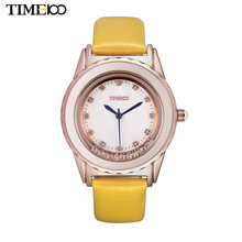TIME100 Fashion Simple Fowling Crystal Dial Light Yellow Leather Strap Waterproof Women Diamond Quartz Dress Watches W50328L.04