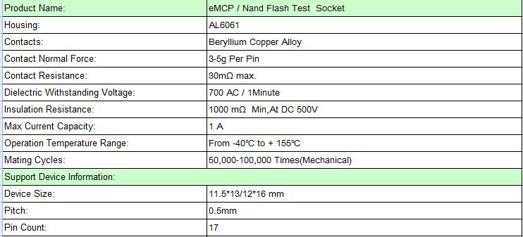 eMCP test socket nand flash test socket specification